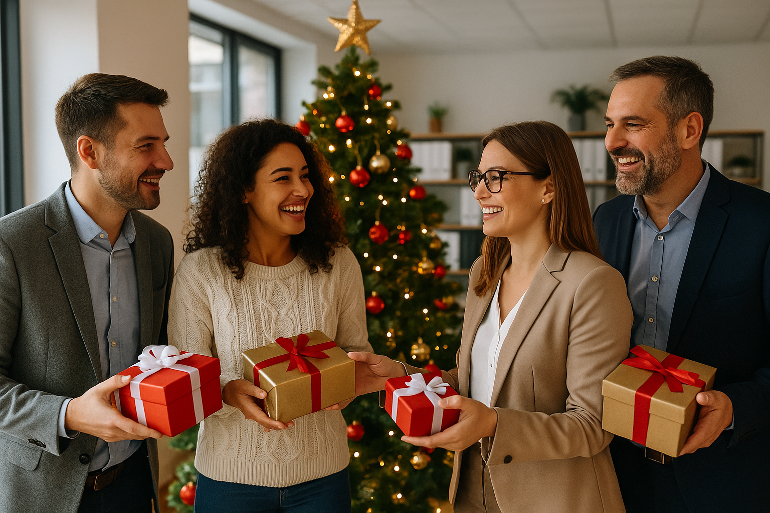 arbre de Noël CSE, avec des salariés souriants échangeant des cadeaux