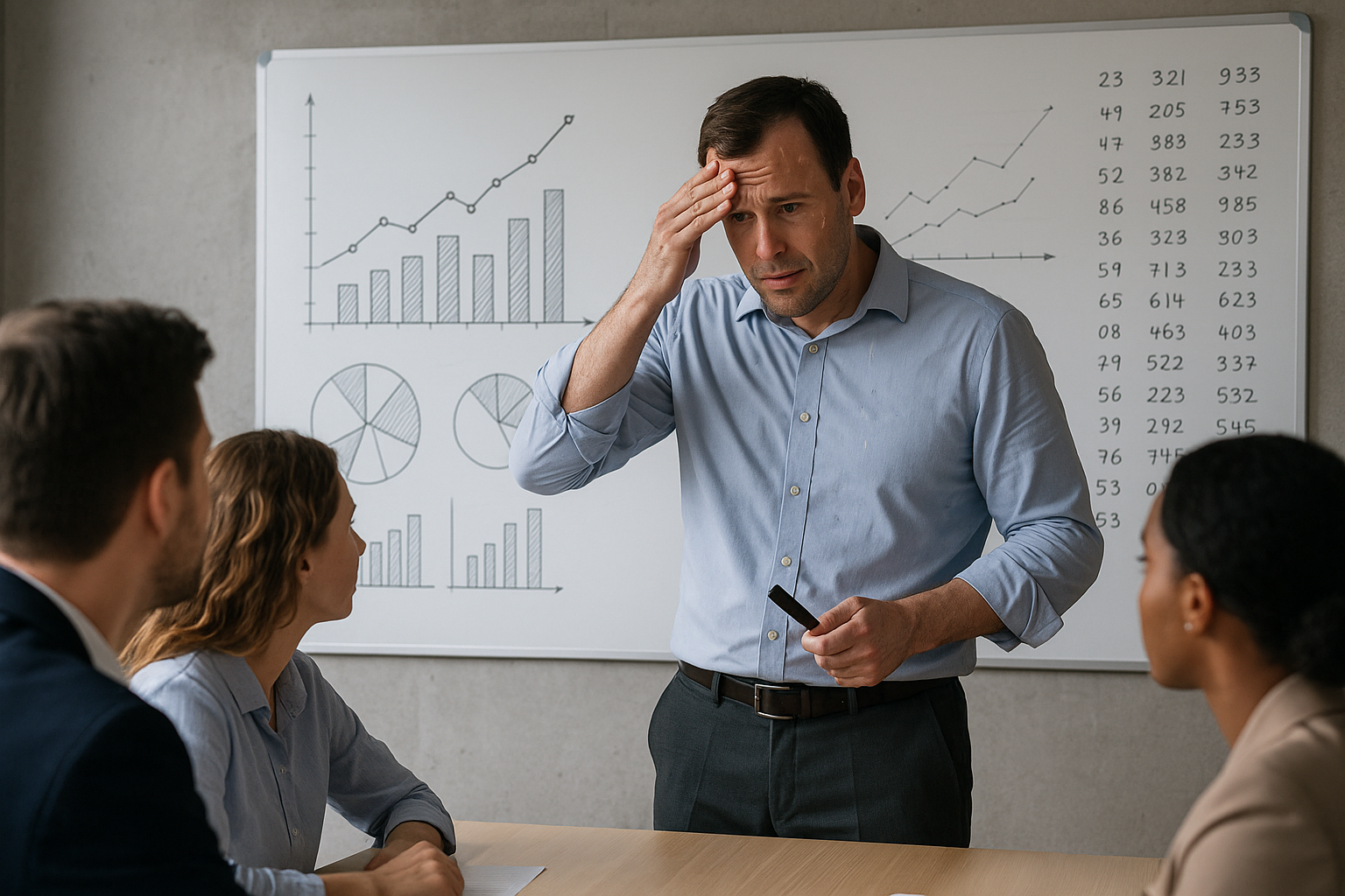Chef d’entreprise en difficulté devant un tableau de chiffres et graphiques, illustrant les enjeux des négociations CSE sur les salaires et conditions de travail.